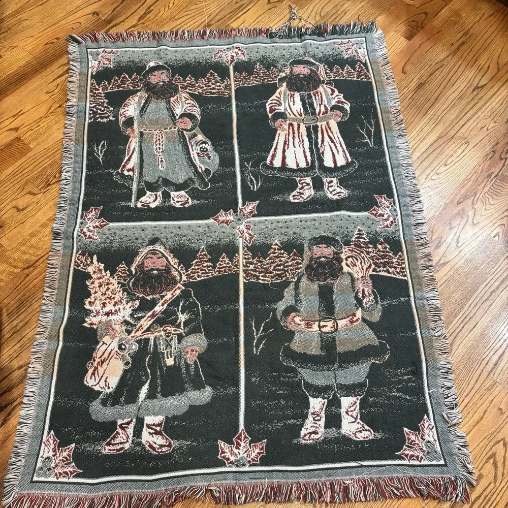 Goodwin Weavers Vintage Santa‎ Woven Afghan Throw Blanket Christmas Fringe Throw